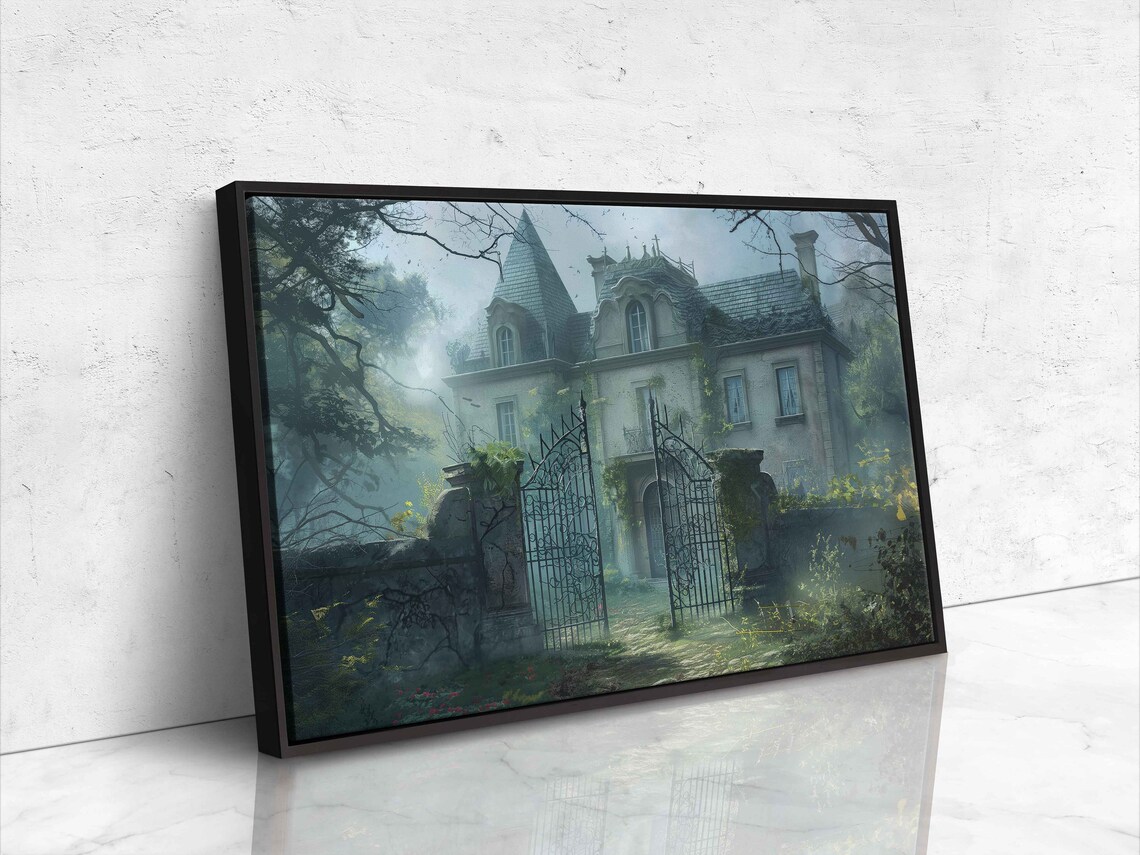 Overgrown Old Mansion With Iron Gates In Misty Fog Gray Green Tones Wall Art - Image 4