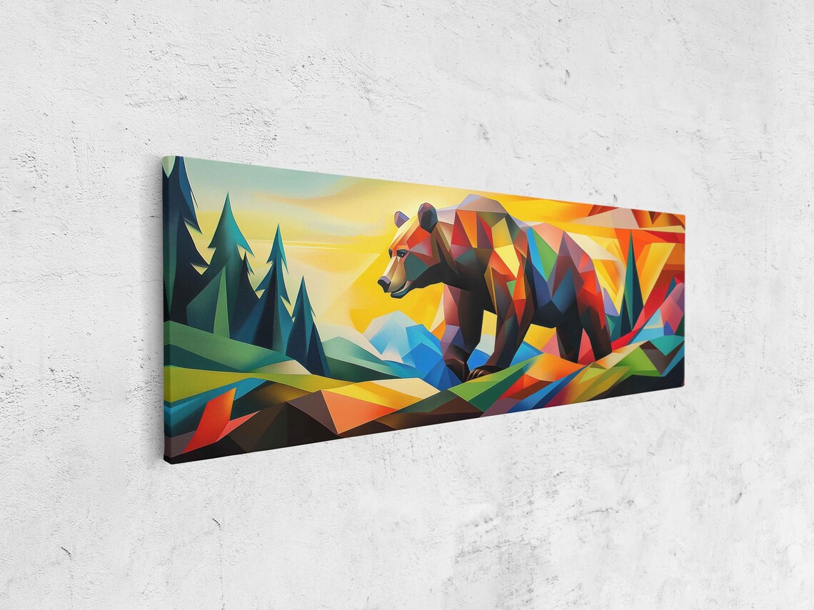 Geometric Grizzly Bear Panoramic Art Colorful Cubist Sunset Mountain Landscape Poster - Image 4