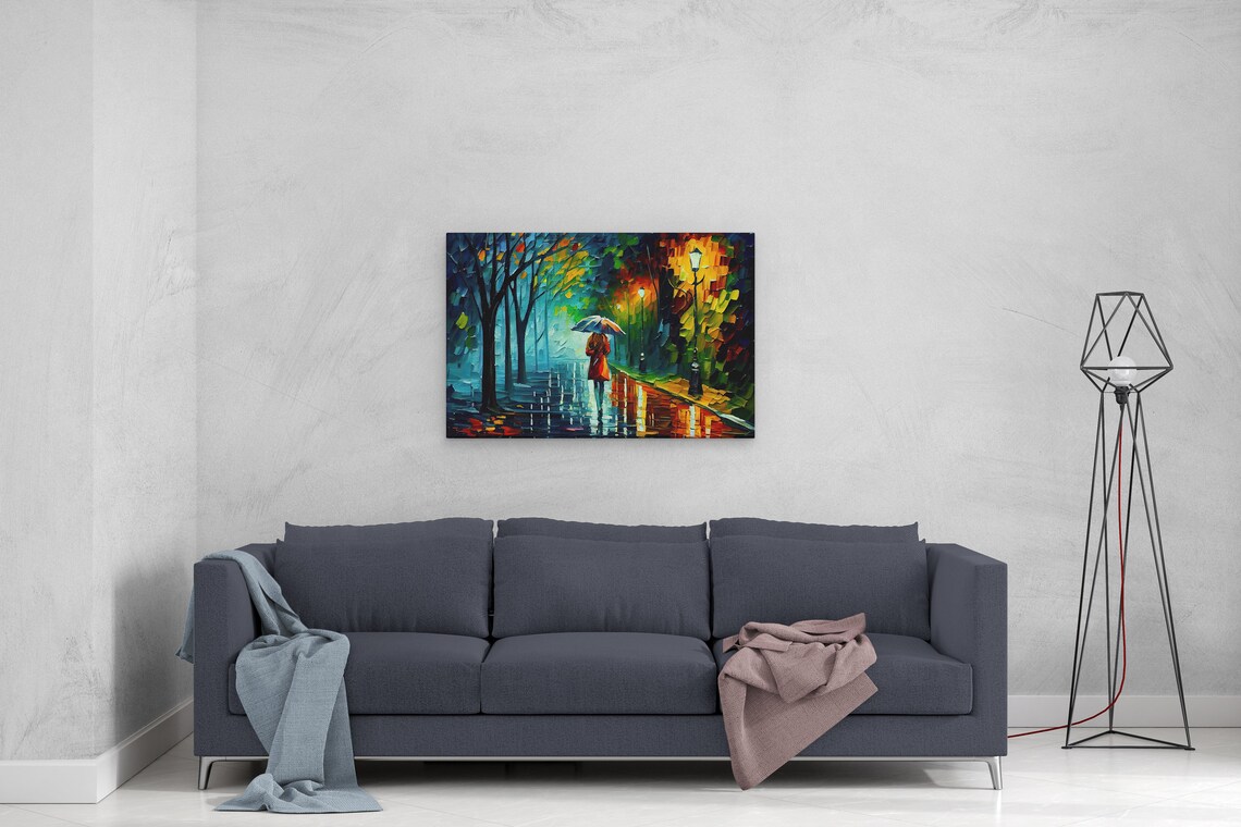 Woman Walking With Umbrella, Vibrant Oil Painting Print - Image 3
