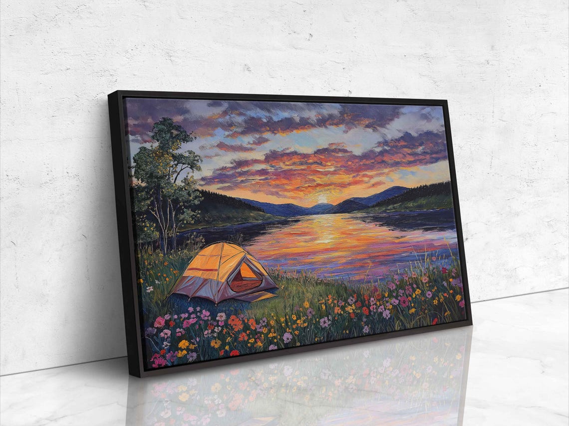 Tent By Lake At Sunset Wildflowers Reflection Purple Sky Art Poster - Image 4