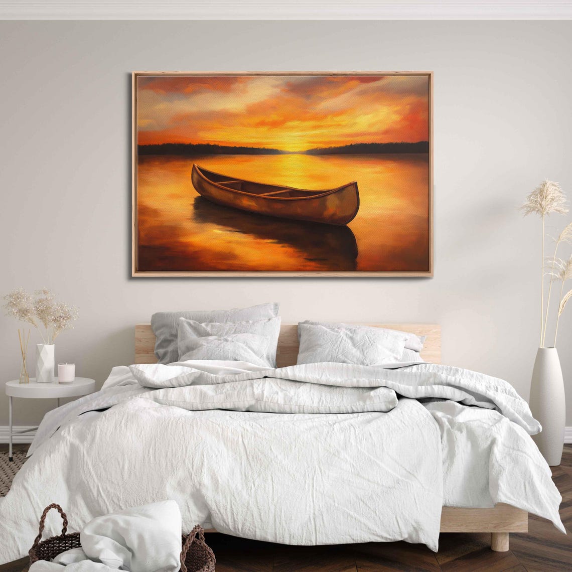 Solitary Canoe On Glassy Lake Wall Art Print Impressionistic Sunset Scene - Image 3