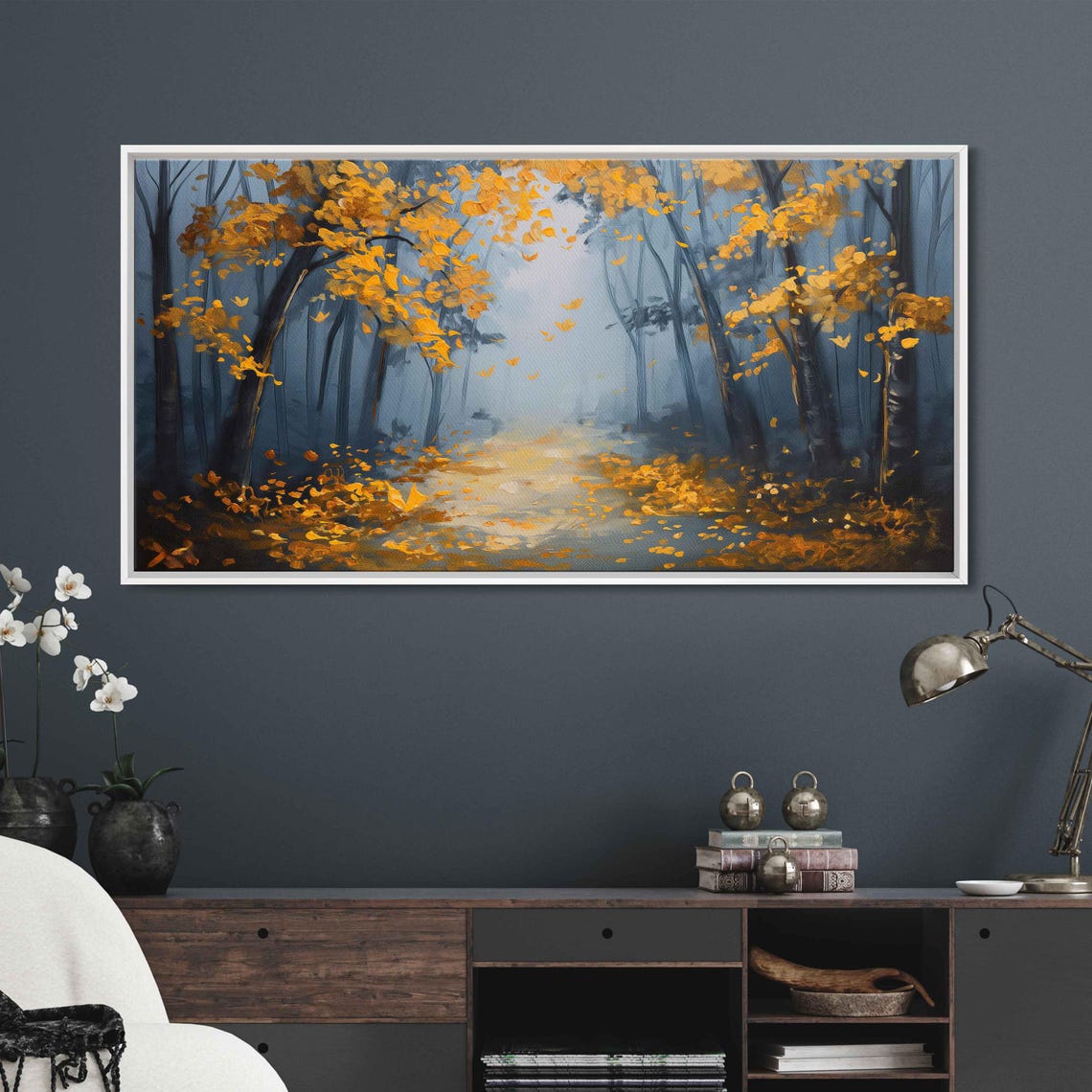 Golden Autumn Path Through Misty Woods Forest Painting Poster - Image 3