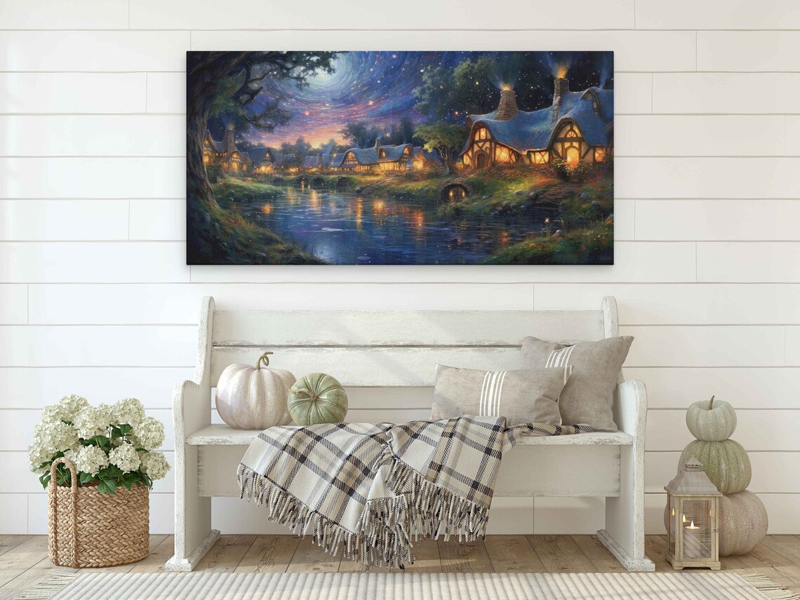 Starry Night Cozy Village River Cottages Firefly Lights Fantasy Wall Art Print - Image 2