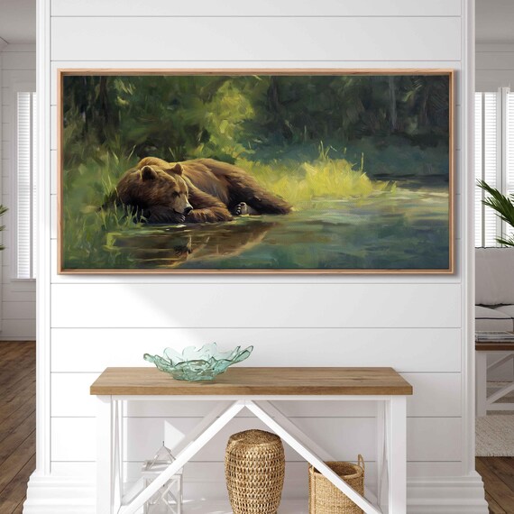 Grizzly Bear Resting By The Riverbank Serene Green Nature Art Poster