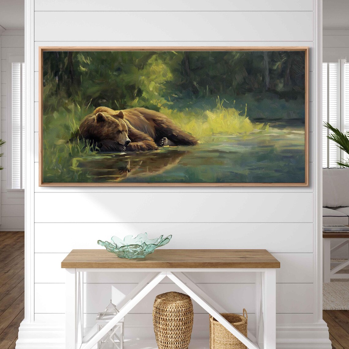 Grizzly Bear Resting By The Riverbank Serene Green Nature Art Poster