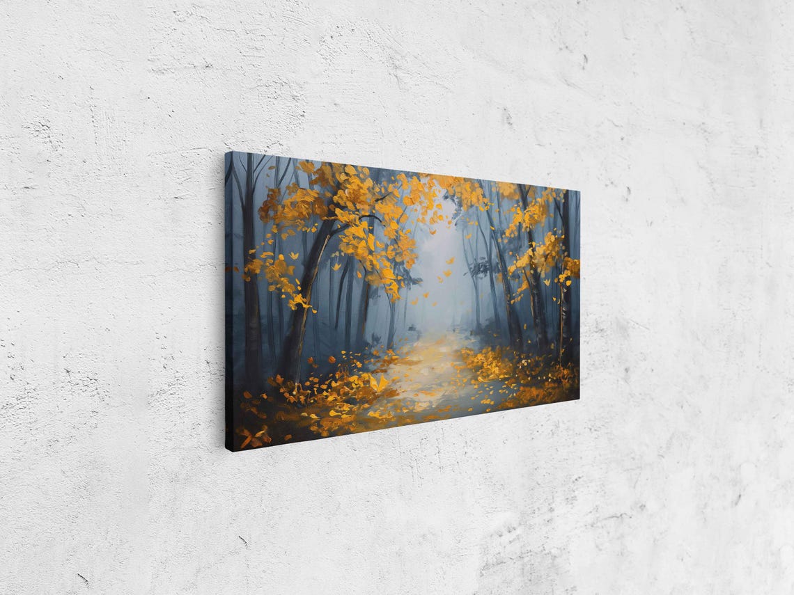 Golden Autumn Path Through Misty Woods Forest Painting Poster - Image 4
