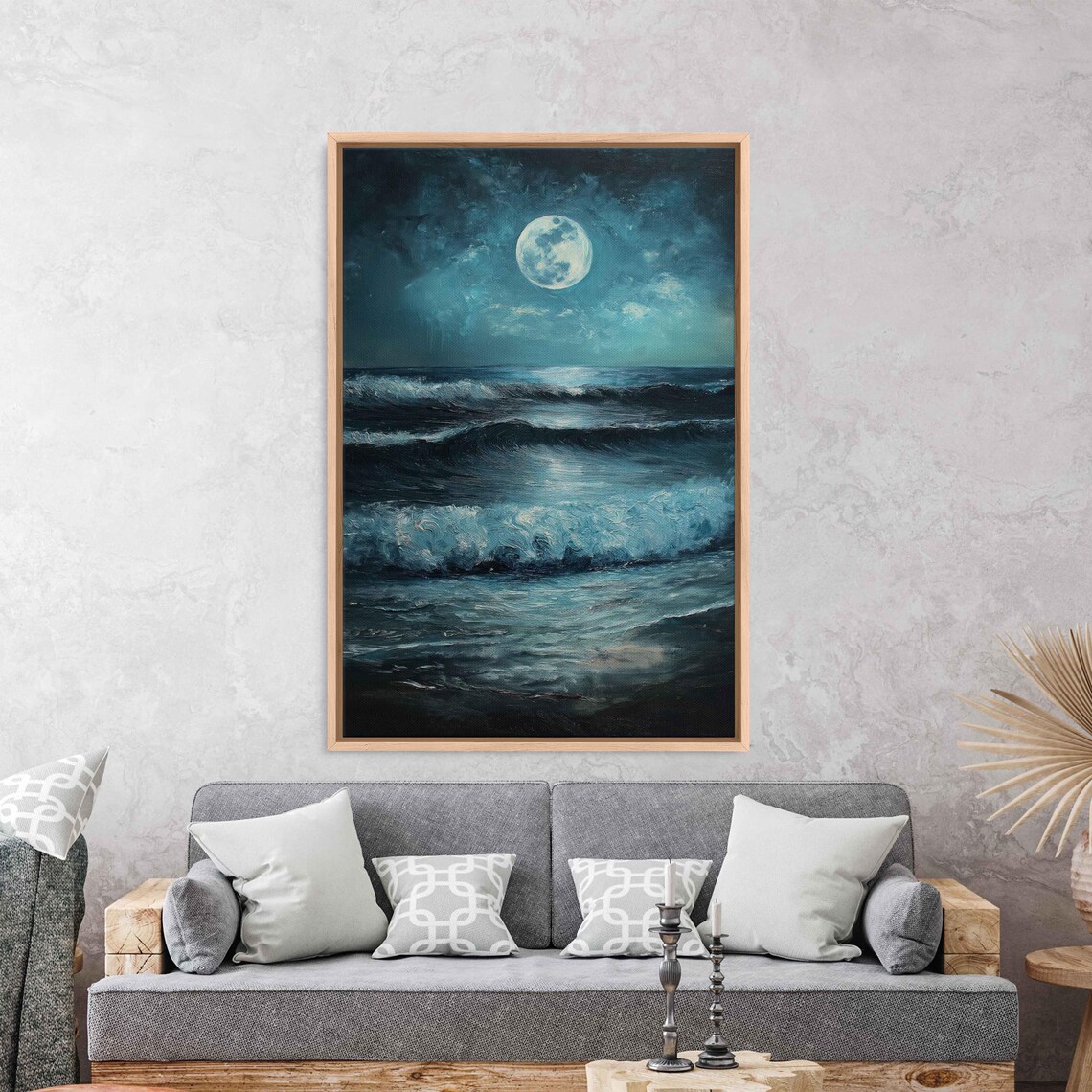 Full Moon Over Rolling Ocean Waves At Night Moonlit Seascape Painting Poster - Image 3