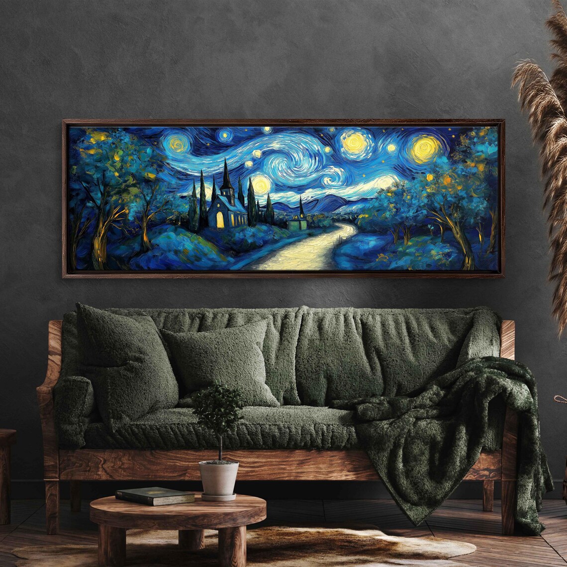 Starry Night Landscape, Vibrant Path Trees Chapel - Image 3