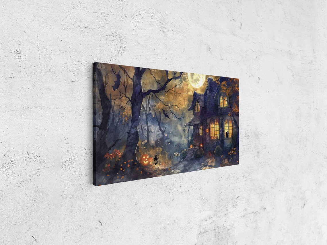 Cozy Moonlit Witches Cottage With Glowing Windows Black Cat And Bats Wall Art - Image 4