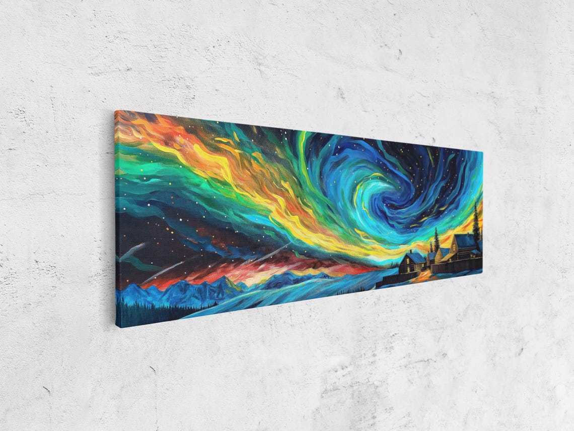 Swirling Aurora Night Sky Over Snowy Cabins And Lodge Glow Poster - Image 4