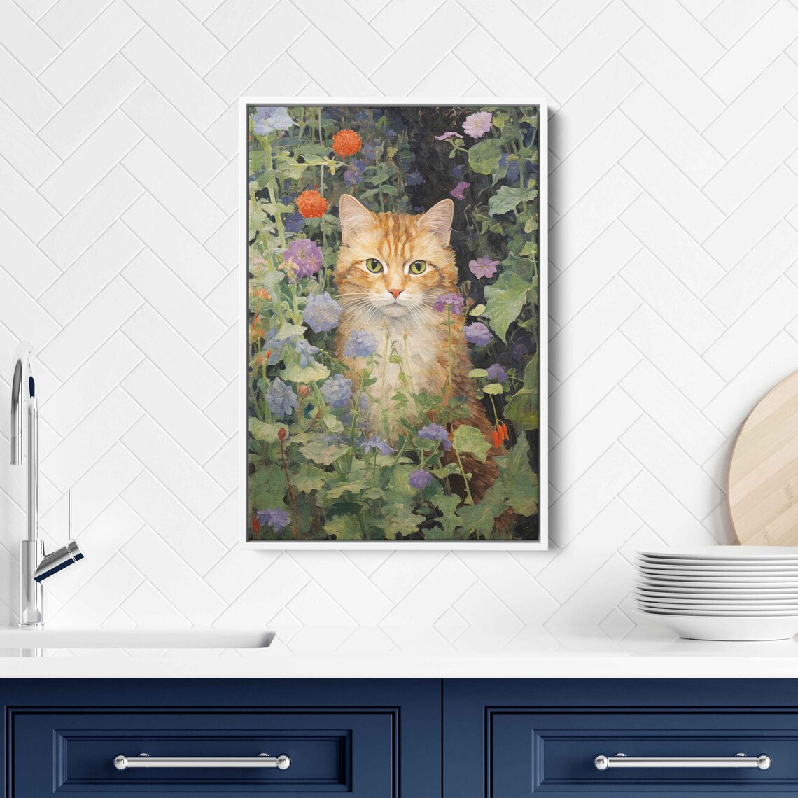 Orange Tabby Cat Sitting Among Colorful Wildflowers Garden Art Print - Image 3