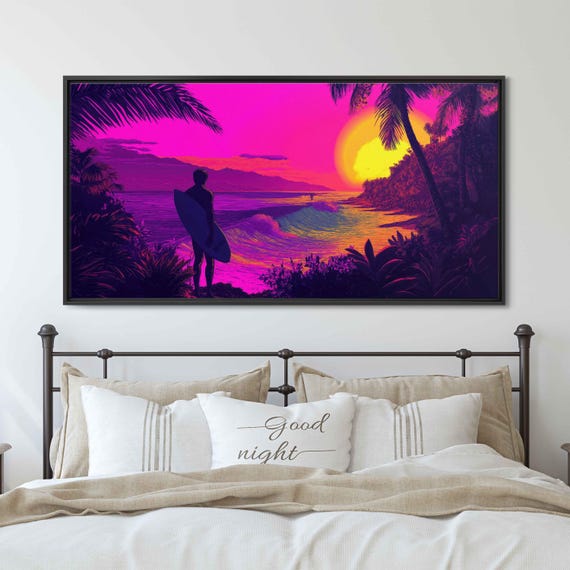 Pop Art Surfer Watching Waves On Beach Wall Art Print Gift For Surfer Blue Water Vibrant Colors Ready To Hang