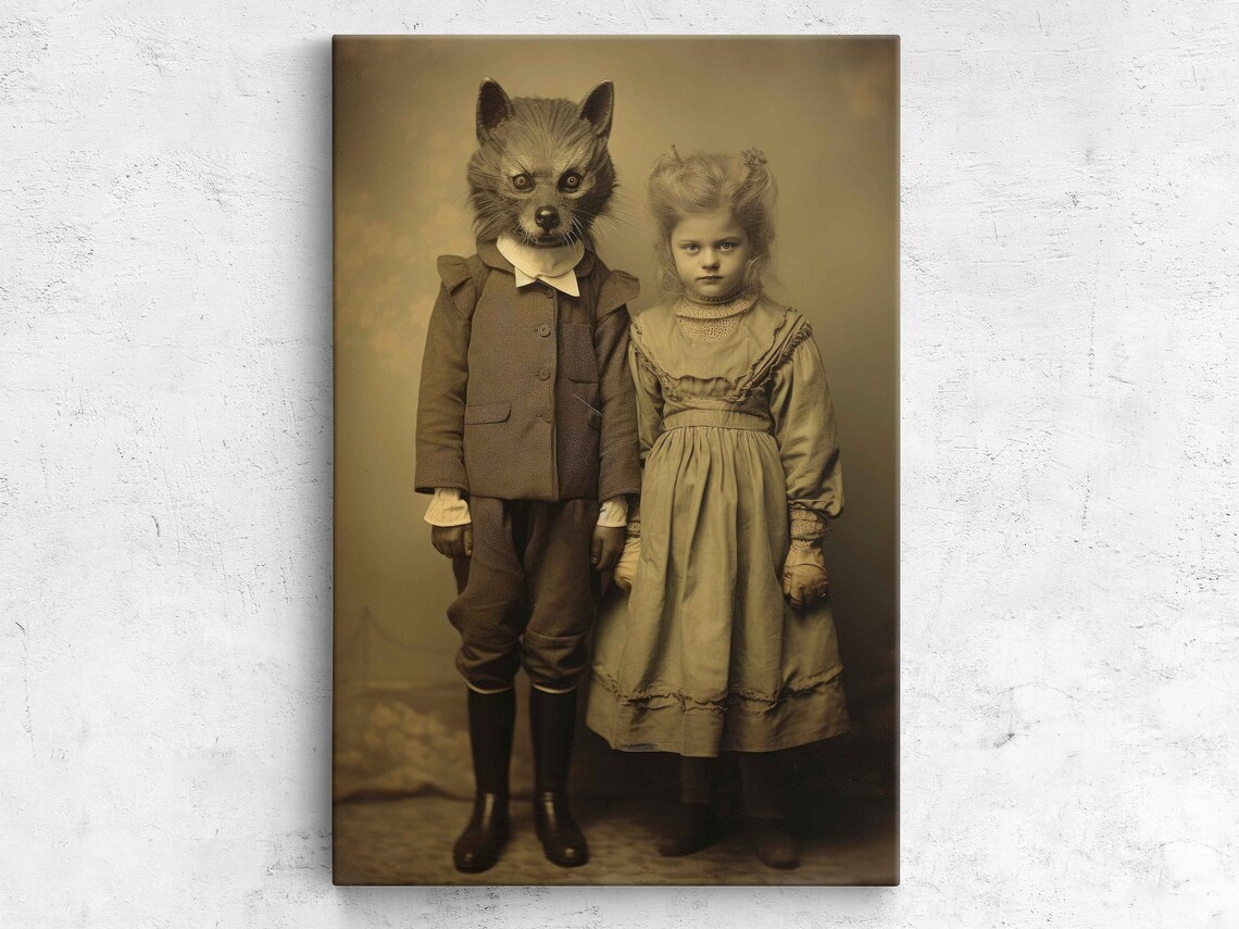 Vintage Sepia Photograph Child In Wolf Costume With Girl Halloween Print