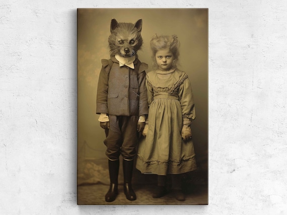 Vintage Sepia Photograph Child In Wolf Costume With Girl Halloween Print