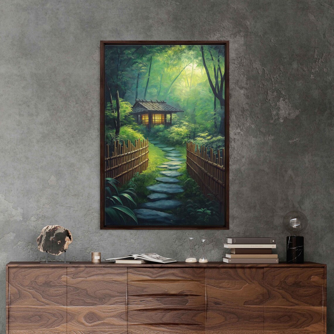 Japanese Tea House Bamboo Forest Stone Path Glowing Windows Zen Garden Print