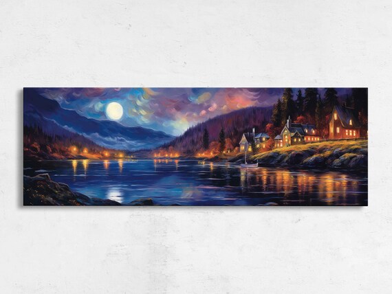 Moonlit Coastal Town Full Moon Harbor Lights Panoramic Painting Poster