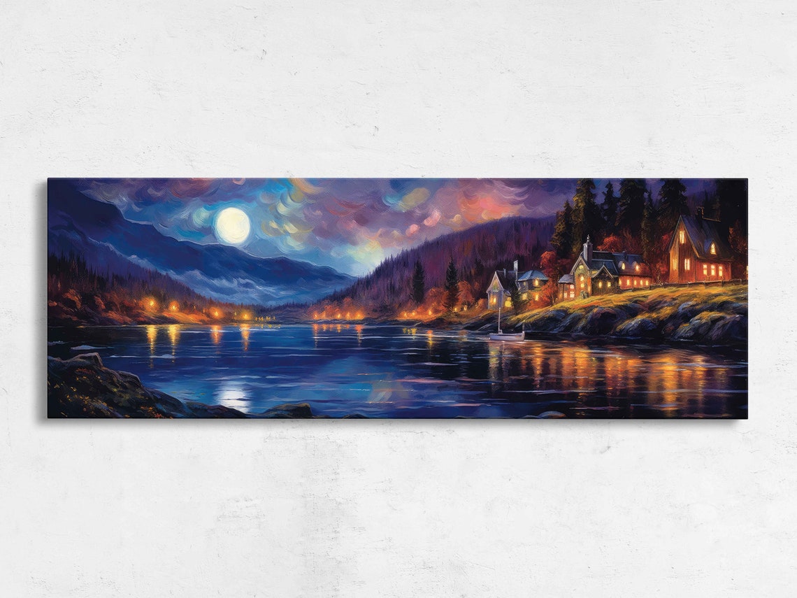 Panoramic Starry Night Sky Coastal Town Framed Print Ready To Hang Lake View Art Moonlight Landscape