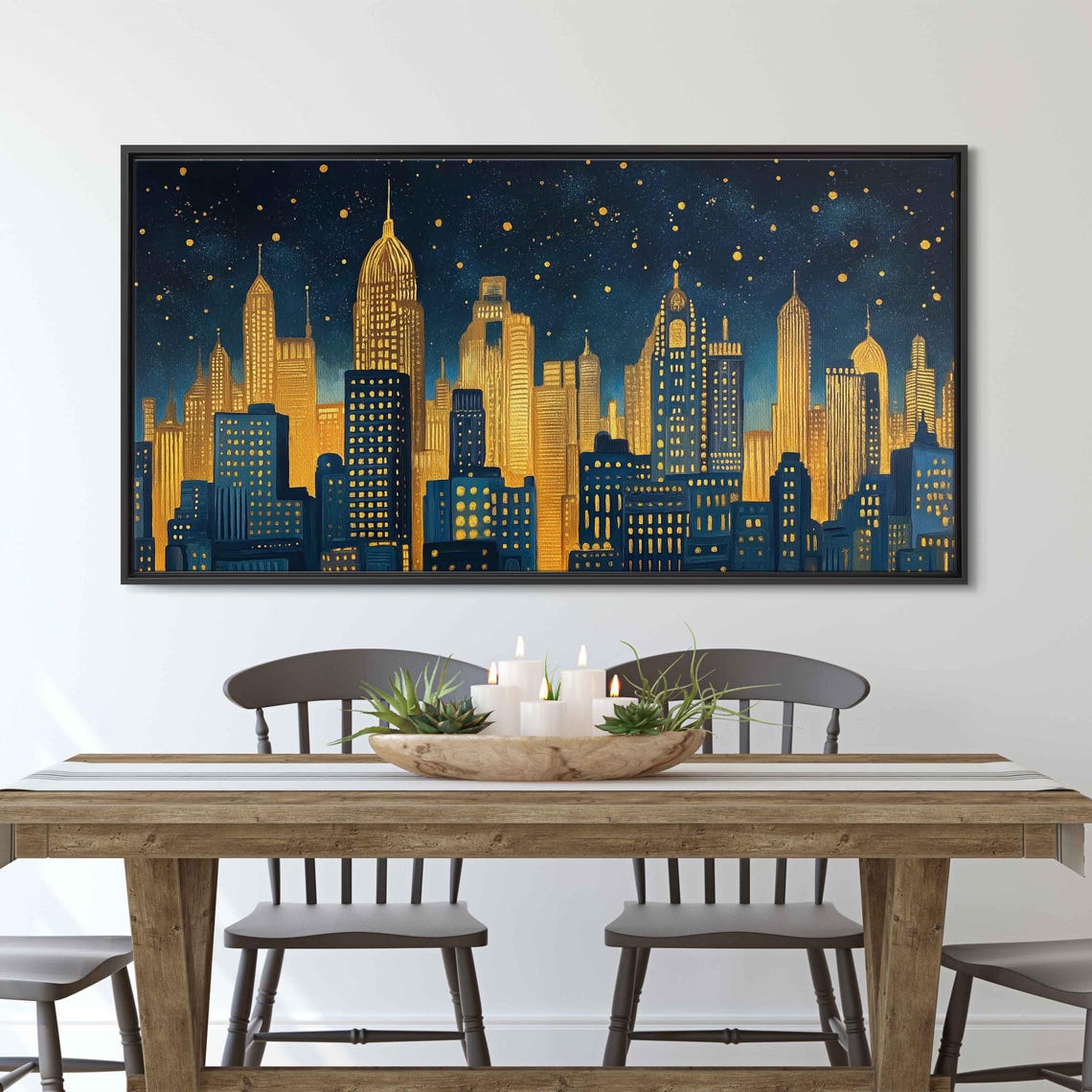 Golden Art Deco New York Skyline At Night Under Starry Sky Poster