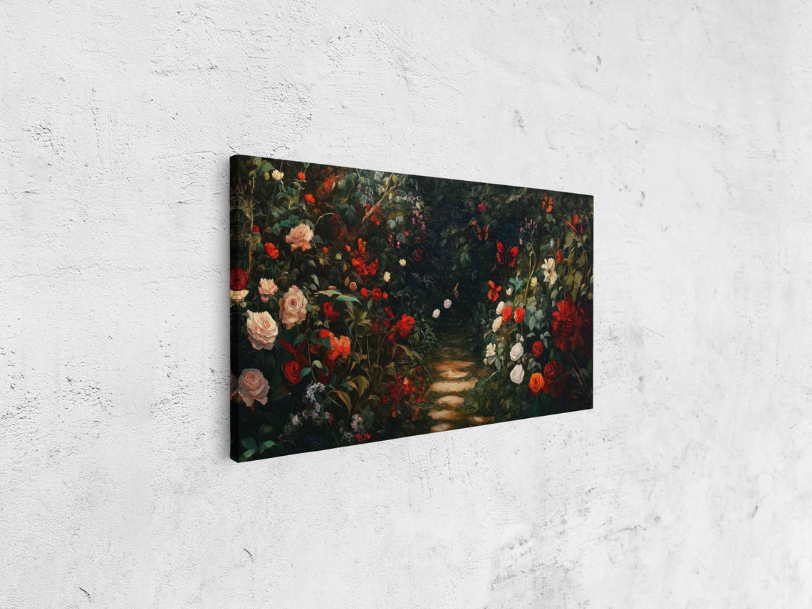 Elegant Garden In Full Bloom Wall Art Print Vibrant Flowers Butterflies Stone Path - Image 4