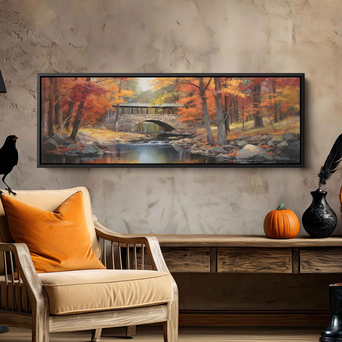 Rustic Covered Wilderness Bridge Panoramic Wall Art Print Forest Stream Fall Tree Colors Ready To Hang - Image 3