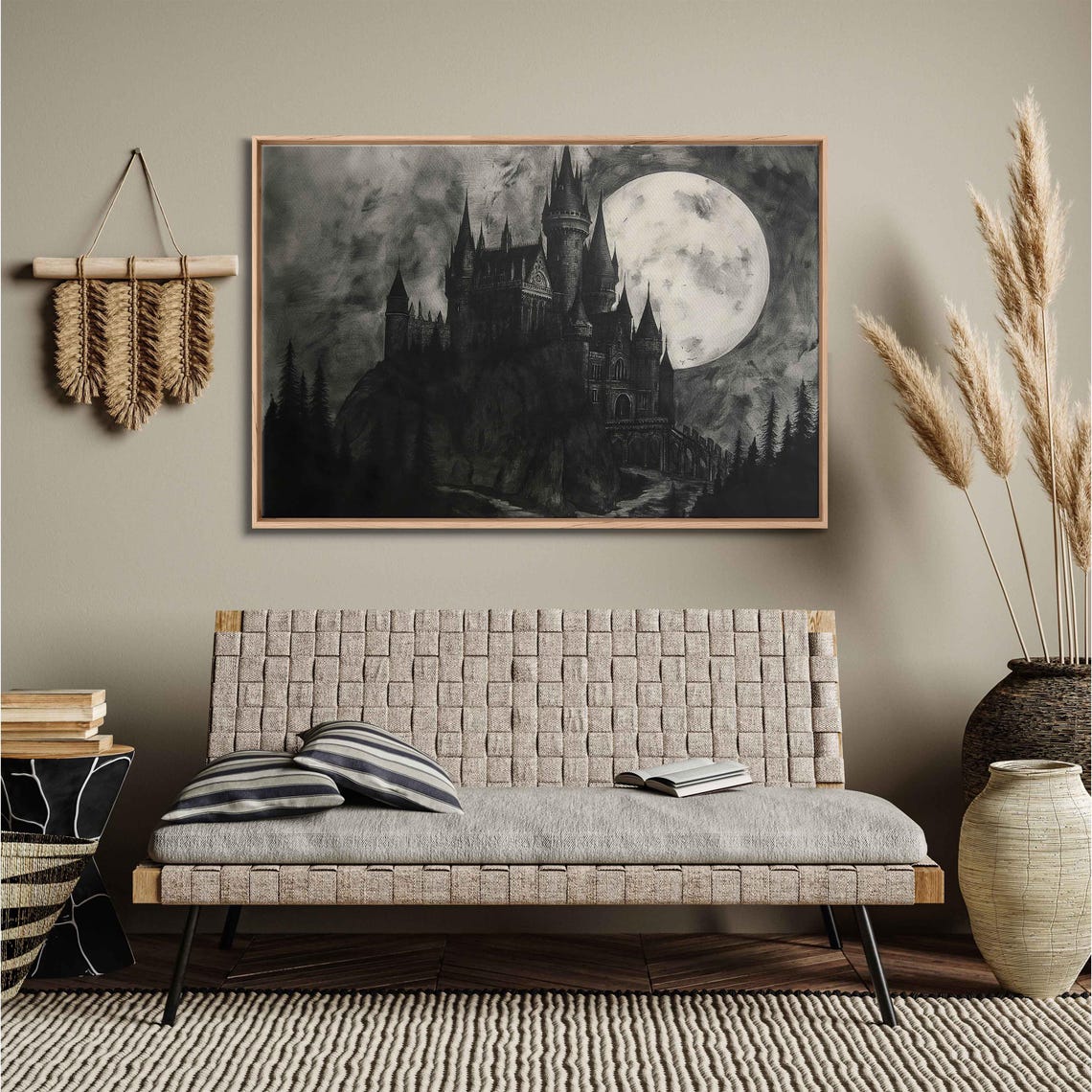 Gothic Castle on Hill Under Full Moon Dark Forest Halloween Art Poster - Image 3