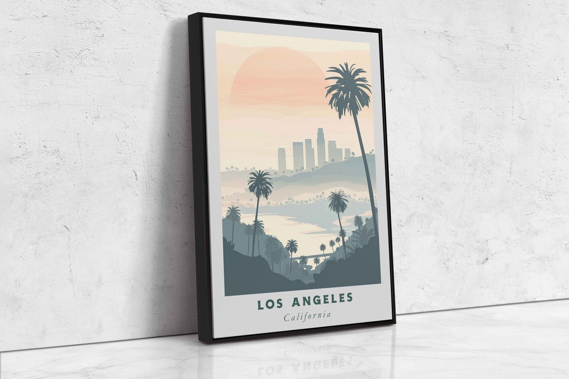 Los Angeles California Sunset Palms Misty Skyline Beach Travel Poster - Image 2