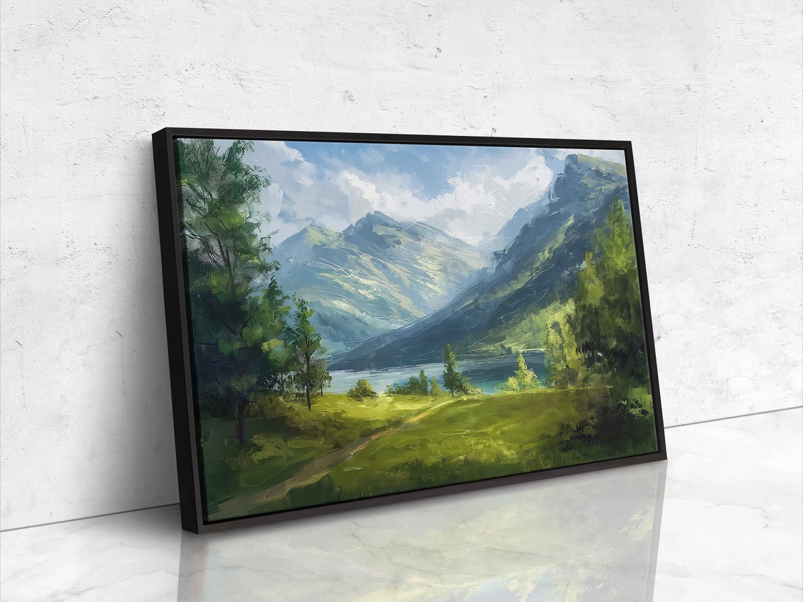 Serene Landscape Painting Cloudy Blue Sky Lush Greenery Rushing River Wall Art Print Ready To Hang - Image 4