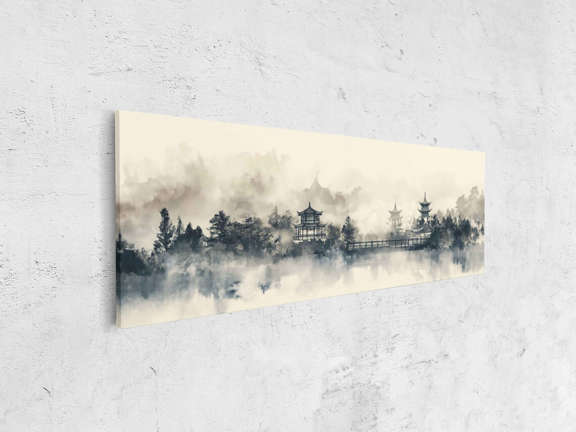 Misty Asian Pagoda Ink Painting Foggy Mountains Lake Art Poster - Image 4