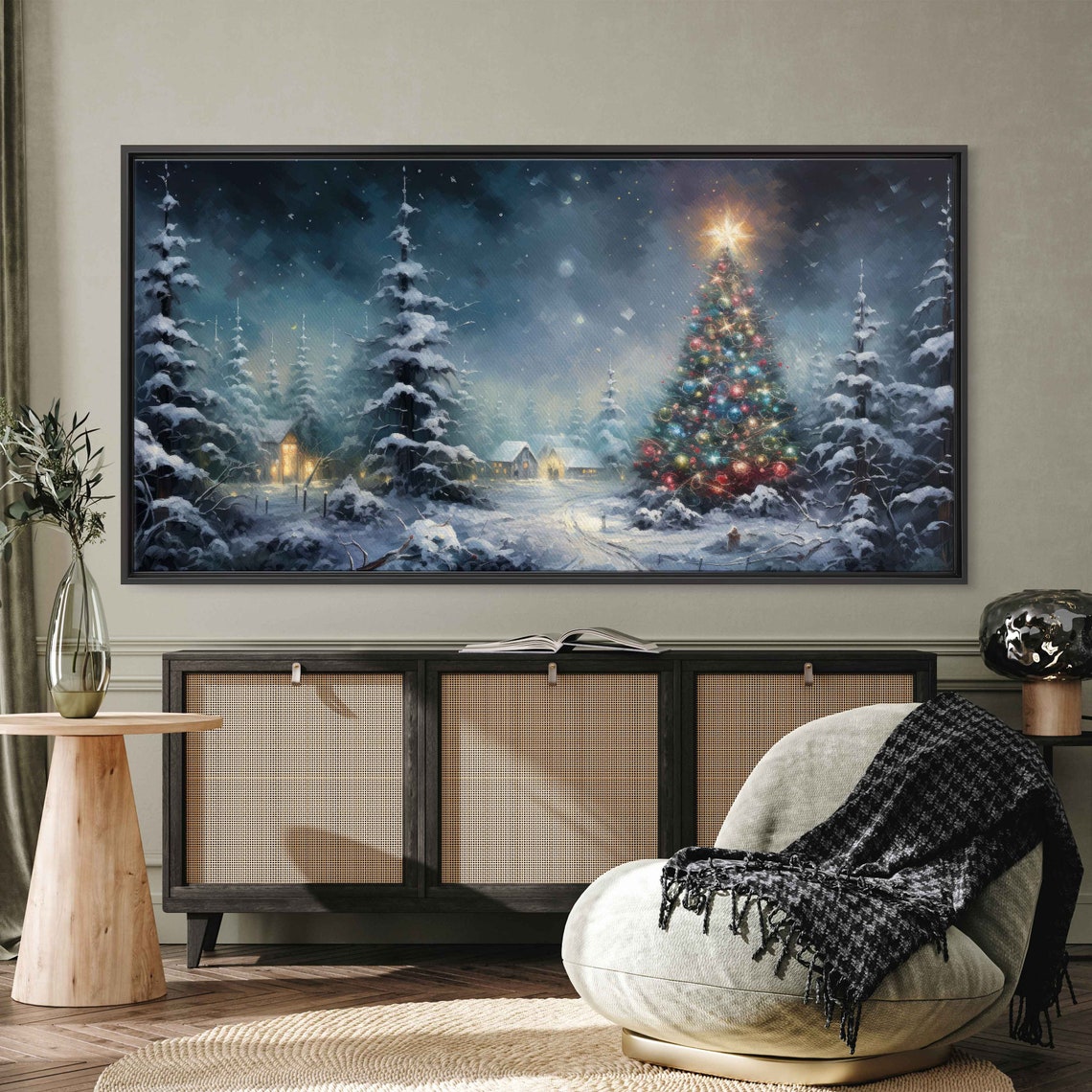 Winter Christmas Tree Snowy Village Starry Night Painting Poster - Image 4