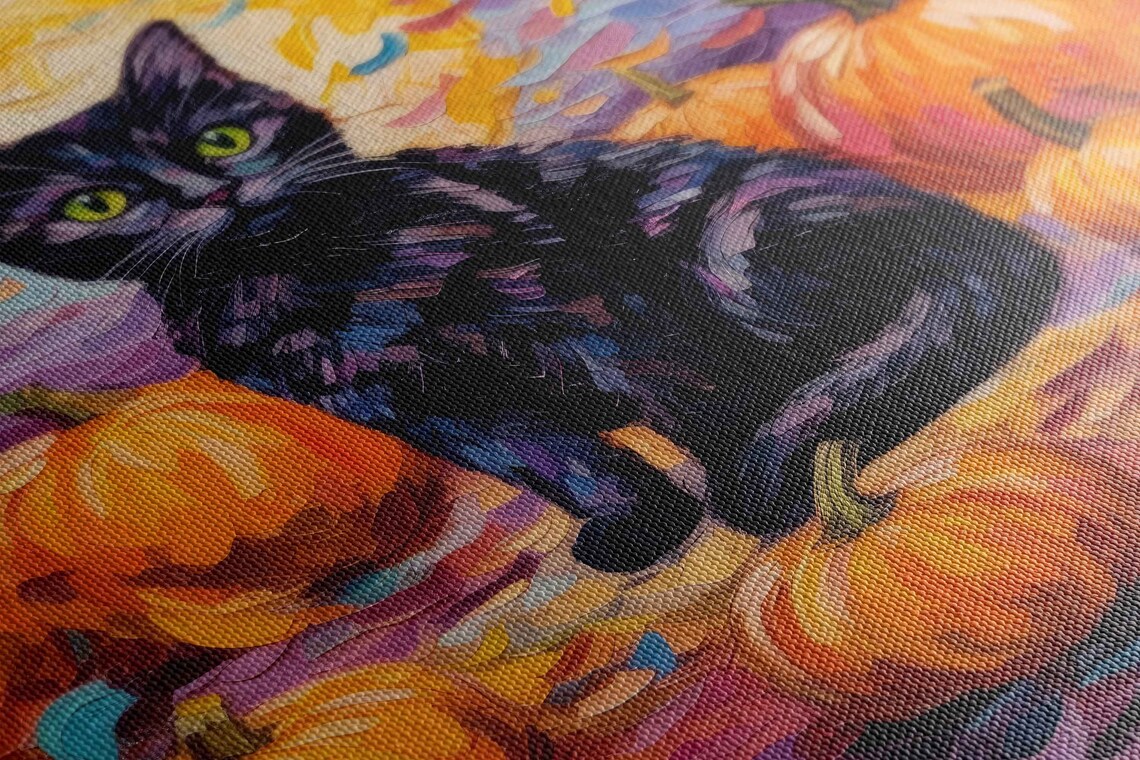 Black Cat Halloween Pumpkins Full Moon Starry Night Whimsical Painting Print - Image 2