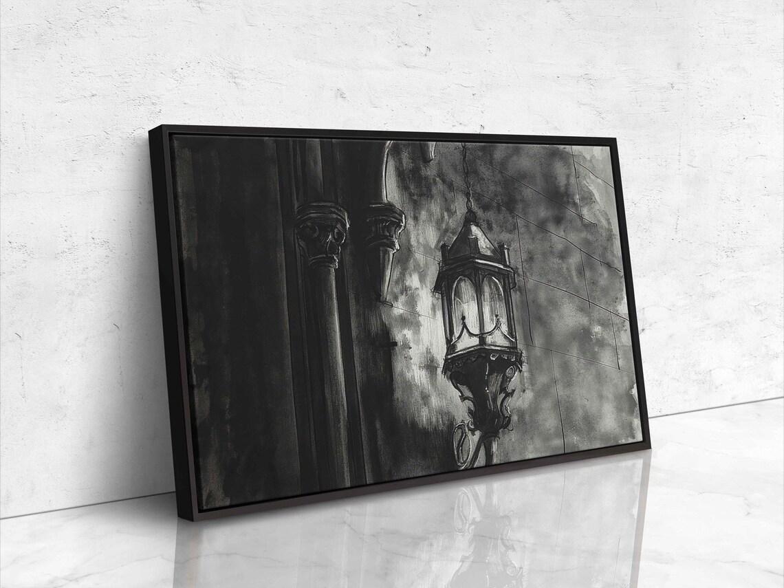 Gothic Lantern Hanging From Chain On Dark Stone Wall Monochrome Watercolor Poster - Image 4