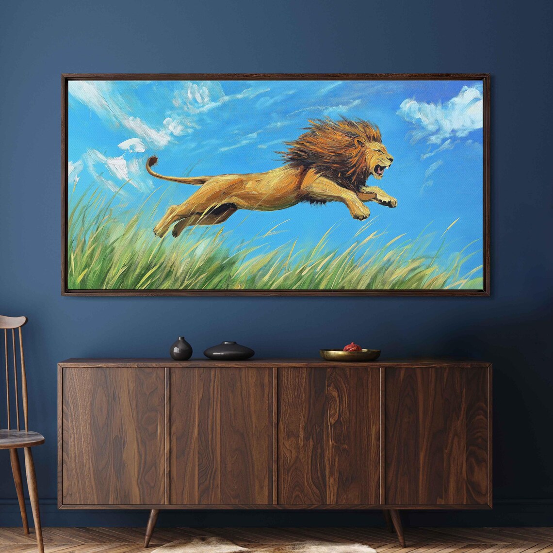 Lion Leaping Through Tall Grass Vivid Greens Golds Bright Blue Sky Poster - Image 3
