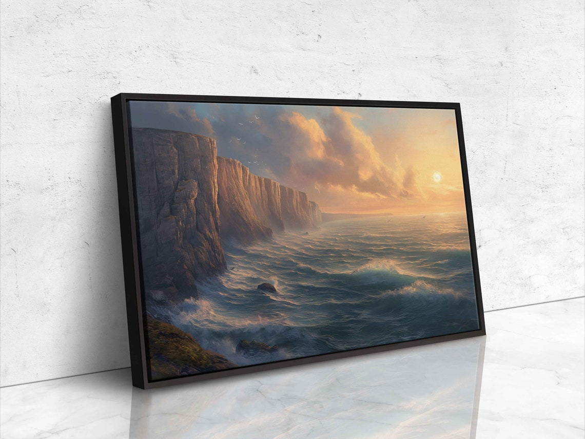 Ocean Waves Tall Cliffs Sunrise Dramatic Coastline Painting Poster - Image 4