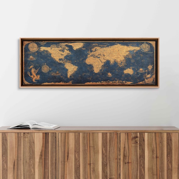 Vintage World Map Antique Cartography Navy Gold Sea Monsters Poster