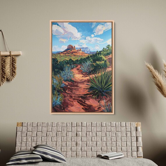Sedona Arizona Hiking Trail Broad Landscape Wall Art Print Western Painting Canyon Gorge River Bed Red Rocks Ready To Hang