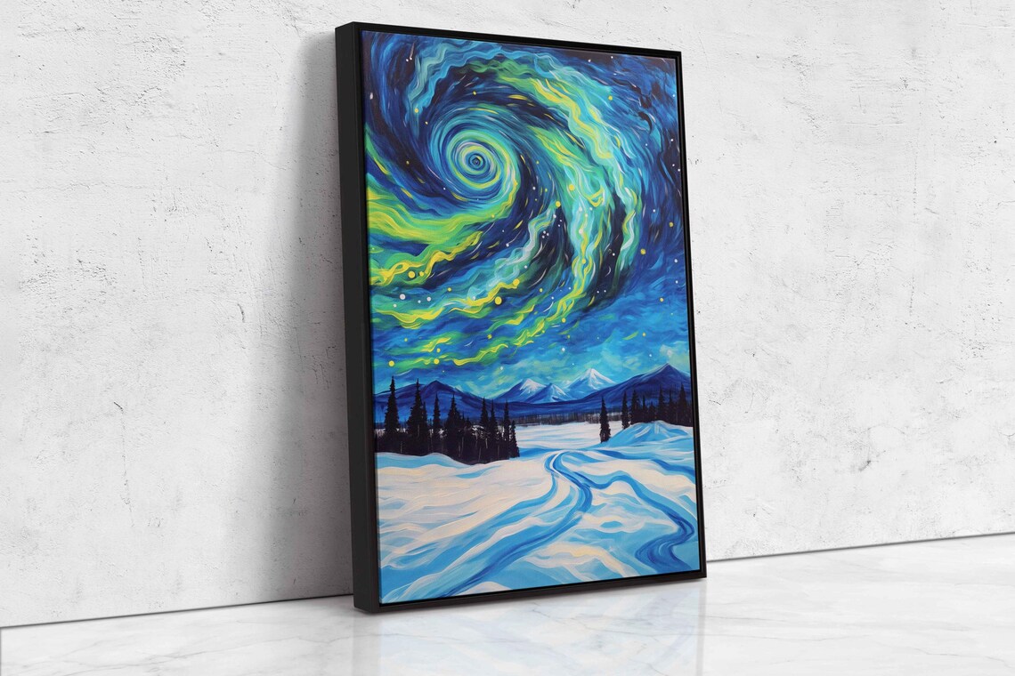 Blue Green Aurora Spiral Swirling Over Snowy Winter Plain Night Sky Poster - Image 4