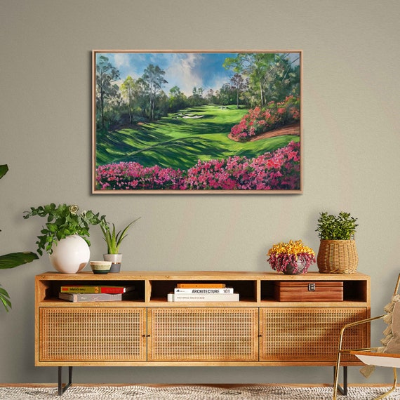 Augusta Golf Club Painting Lush Greenery Cloudy Blue Sky Vibrant Color Wall Art Print Ready To Hang