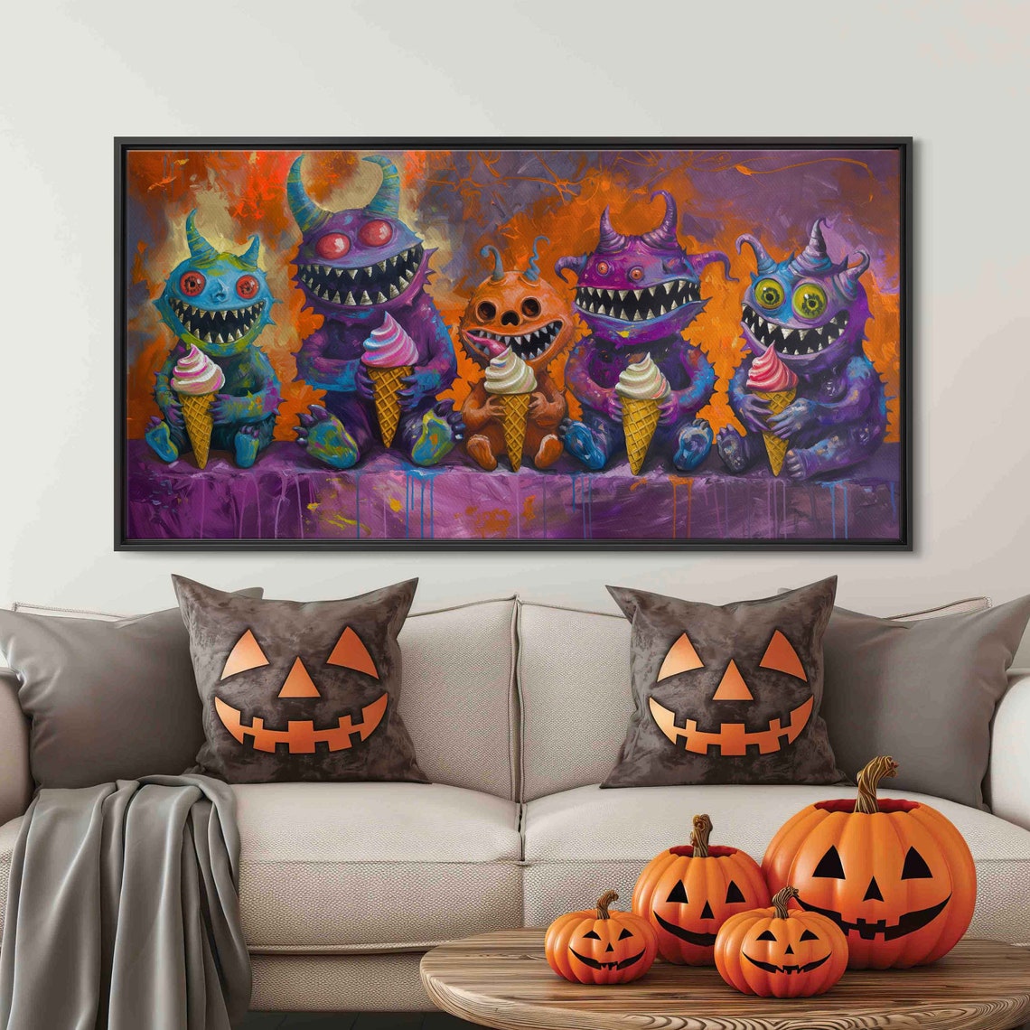 Colorful Halloween Monsters Eating Ice Cream Cones Spooky Wall Art - Image 3
