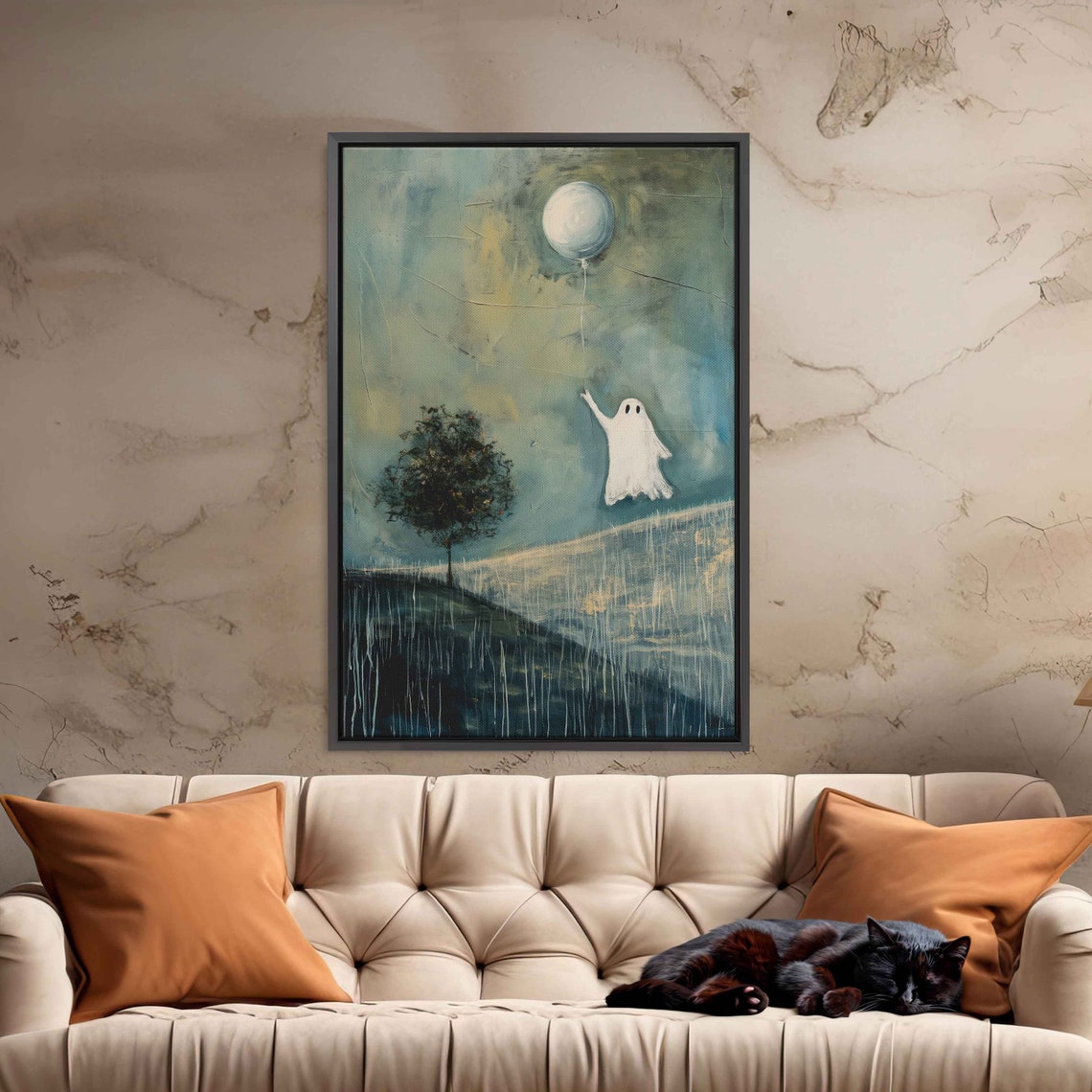 Ghost Holding Balloon Floating Over Field With Lone Tree Poster