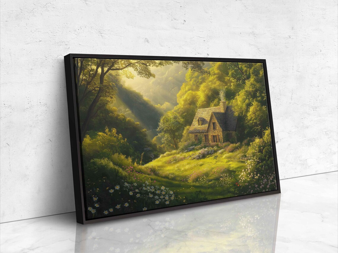 Stone Cottage Glowing In Sunlit Green Valley Meadows At Dawn Poster - Image 4