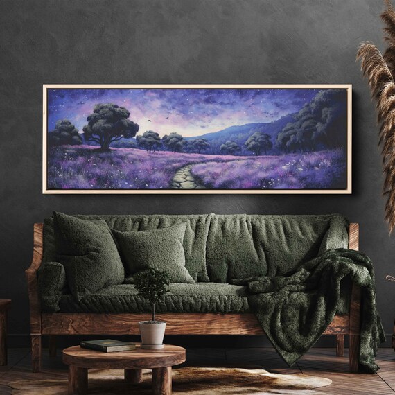 Moonlit Lavender Field Stone Path Forest Night Sky Panoramic Print