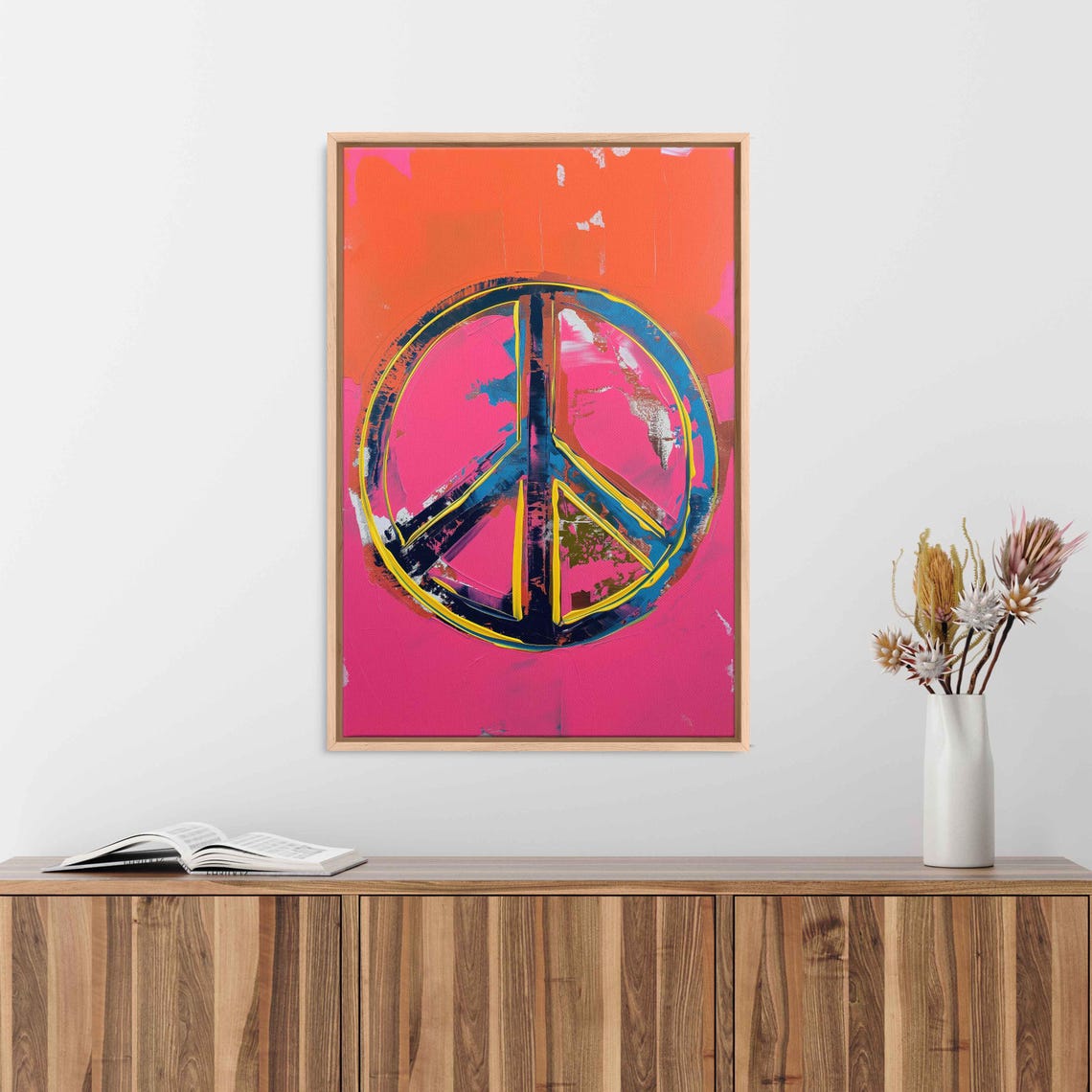 Pop Art Peace Symbol Neon Pink Orange Brushstroke Wall Poster - Image 3