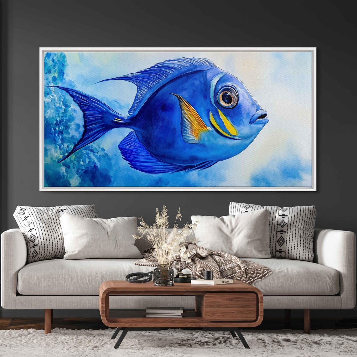 Cobalt Blue Tang Fish Whimsical Watercolor Large Eye Ocean Wall Art