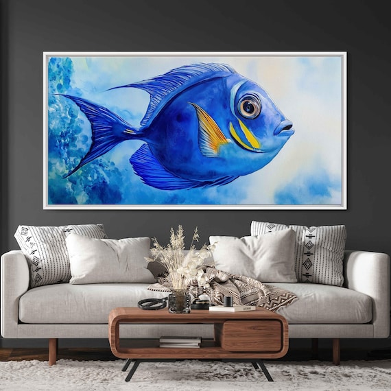 Blue Tang Fish Wall Art Print Whimsical Colors Underwater Scene Watercolor Style