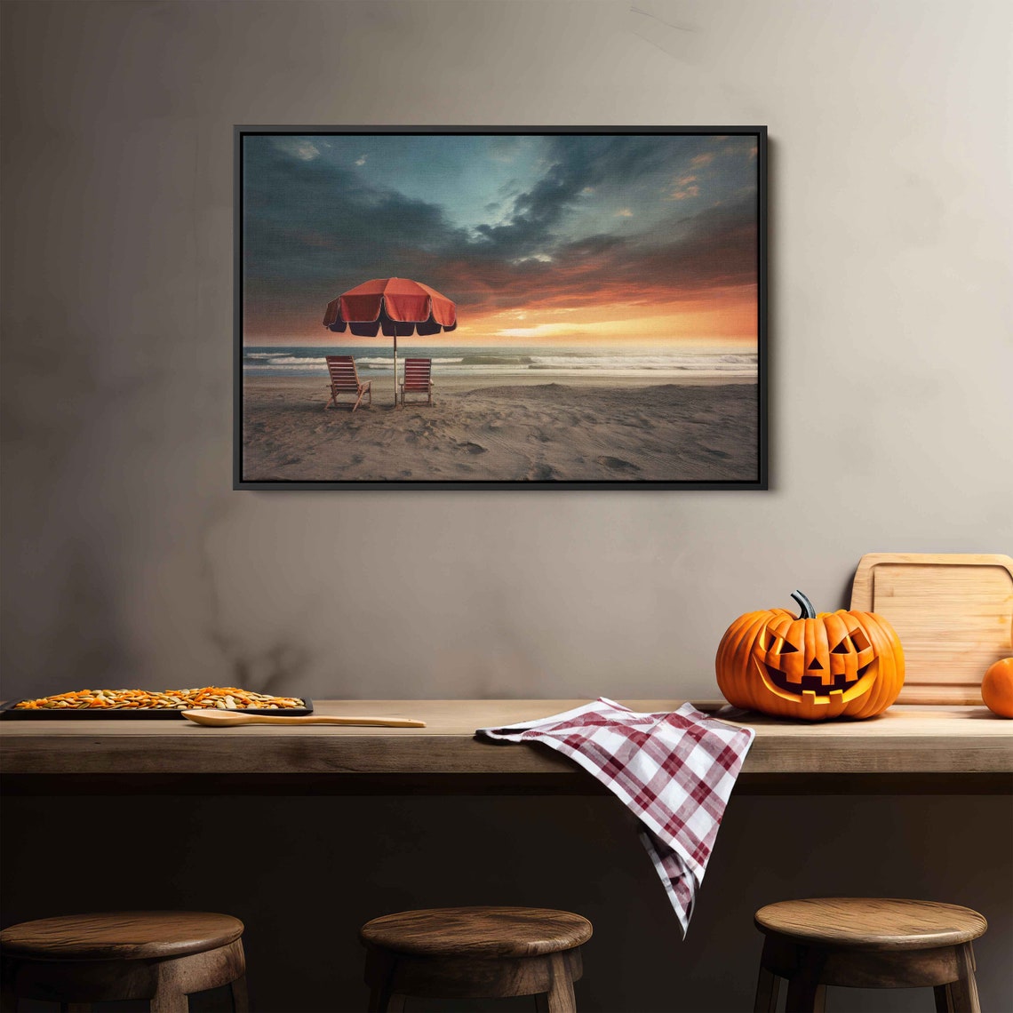 Red Beach Umbrella And Two Chairs At Sunset Over Ocean Waves Poster - Image 2