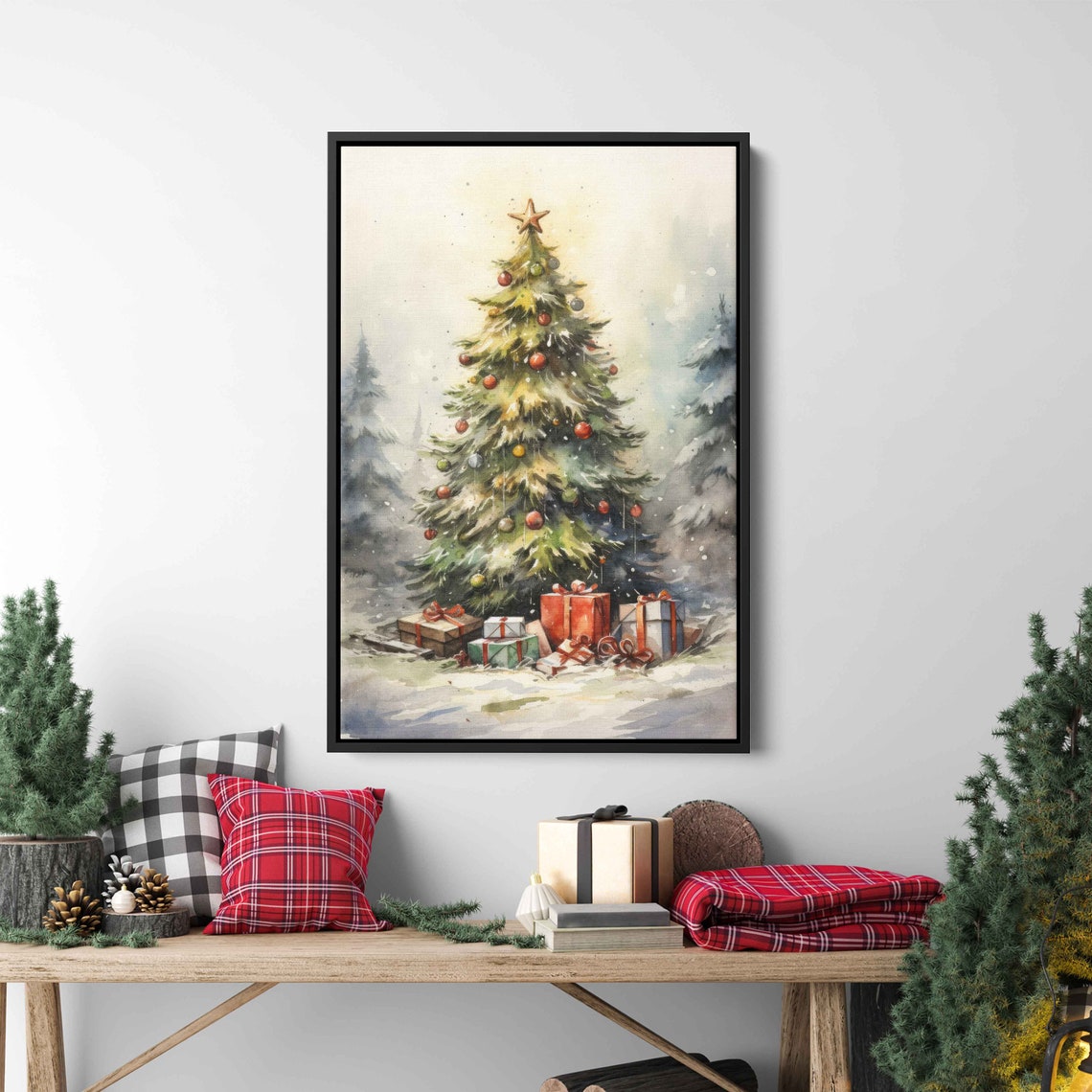 Festive Watercolor Christmas Tree Gifts Snowy Pines Holiday Poster