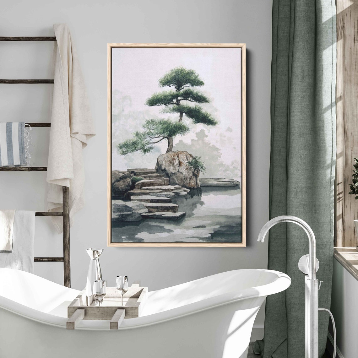 Japanese Pine Tree Rock Stone Steps Still Water Zen Watercolor Print - Image 2