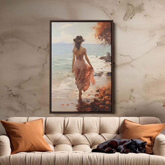 Watercolor Woman Walking On Beach Wall Art Print Crashing Waves Ocean Front Flowing Hair Cute Hat Ready To Hang