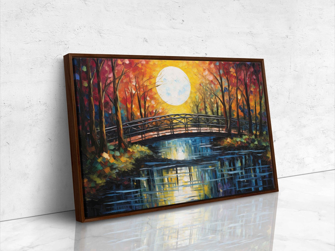 Colorful Bridge Over River Sunset Autumn Palette Knife Painting Poster - Image 4
