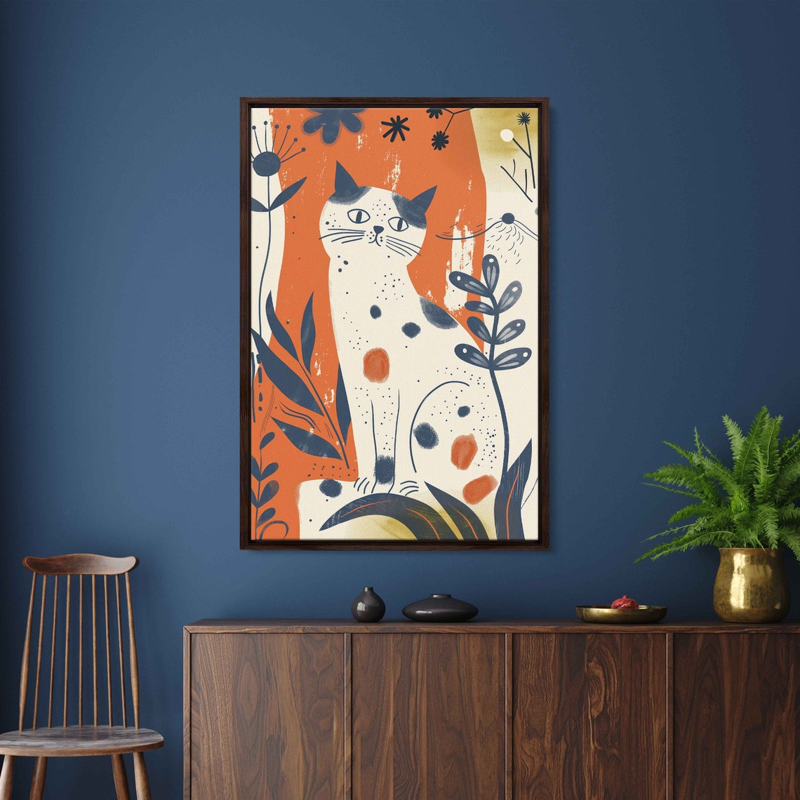 White Spotted Cat Orange Botanicals Matisse Style Playful Art Poster - Image 2